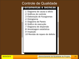 06/04/2010 Controle de Qualidade Gerenciamento da Qualidade do Projeto 
