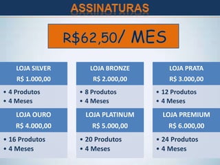 LOJA SILVER
R$ 1.000,00
• 4 Produtos
• 4 Meses
LOJA BRONZE
R$ 2.000,00
• 8 Produtos
• 4 Meses
LOJA PRATA
R$ 3.000,00
• 12 Produtos
• 4 Meses
LOJA OURO
R$ 4.000,00
• 16 Produtos
• 4 Meses
LOJA PLATINUM
R$ 5.000,00
• 20 Produtos
• 4 Meses
LOJA PREMIUM
R$ 6.000,00
• 24 Produtos
• 4 Meses
 