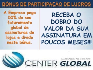 A Empresa pega
50% do seu
faturamento
global de
assinaturas de
lojas e divide
neste bônus.
 