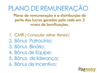 PLANO DE REMUNERAÇÃO
Plano de remuneração é a distribuição de
parte dos lucros gerados pela rede em 5
níveis de bonificações.
1. CMR ( Computer Miner Rental )
2. Bônus Patrocínio;
3. Bônus Binário;
4. Bônus de Equipe;
5. Bônus de liderança;
6. Bônus de Incentivo;
 