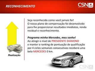 RECONHECIMENTO


              Seja reconhecido como você jamais foi!
              O nosso plano de compensação foi desenvolvido
              para lhe proporcionar resultados imediatos, renda
              residual e reconhecimento.

              Programa minha Mercedes, meu sonho!
              Ao atingir o nível de PRESIDENTE DIAMOND
              e manter o ranking de pontuação de qualificação
              por 4 ciclos semanais consecutivos receberá uma
              bela MERCEDES 0 km.
 Realização
 