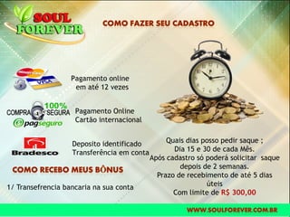 Pagamento Online
Cartão internacional
Pagamento online
em até 12 vezes
Deposito identificado
Transferência em conta
1/ Transefrencia bancaria na sua conta
Quais dias posso pedir saque ;
Dia 15 e 30 de cada Mês.
Após cadastro só poderá solicitar saque
depois de 2 semanas.
Prazo de recebimento de até 5 dias
úteis
Com limite de R$ 300,00
 