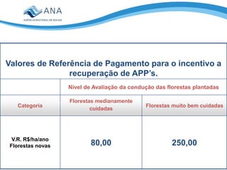 Valores de Referência de Pagamento para o incentivo a
recuperação de APP’s.
Nível de Avaliação da condução das florestas plantadas
Categoria
Florestas medianamente
cuidadas
Florestas muito bem cuidadas
V.R. R$/ha/ano
Florestas novas 80,00 250,00
 