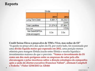 Reports




  Credit Suisse Eleva o preço-alvo de TIM e Vivo, mas reduz de Oi”
  “A queda no preço-alvo das ações da Oi, por outro lado, foi ocasionada por
  uma dívida líquida maior que esperada em 2012, uma posição menos
  otimista para margem Ebitda (razão entre Ebitda e receita líquida) e
  investimentos maiores do que o previsto. “Vemos o investimento da Oi
  como um dos mais perigosos entre as empresas do setor pela alta
  alavancagem e pelas incertezas sobre a direção estratégica da companhia
  após a saída do diretor-executivo (Francisco Valim)”, afirmam Campbell
  e Federle.” (Valor 12/04/2013 às 12h46)
                                                                   Material Interno e
 