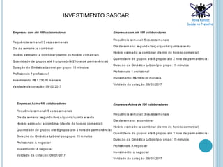 Ativa Konect
Saúde no Trabalho
Empresas com até 100 colaboradores

Frequência semanal: 3 vezes semanais
Dia da semana: a combinar
Horário estimado: a combinar (dentro do horário comercial)
Quantidade de grupos: até 8 grupos (até 2 hora de permanência)
Duração da Ginástica Laboral por grupo: 15 minutos
Profissionais: 1 profissional
Investimento: R$ 1.230,00 mensais
Validade da cotaç ão: 09/02/2017
Empresas com até 100 colaboradores
Frequência semanal: 5 vezes semanais
Dia da semana: segunda/terça/quarta/quinta e sexta
Horário estimado: a combinar (dentro do horário comercial)
Quantidade de grupos: até 8 grupos (até 2 hora de permanência)
Duração da Ginástica Laboral por grupo: 15 minutos
Profissionais: 1 profissional
Investimento: R$ 1.630,00 mensais
Validade da cotaç ão: 09/01/2017
INVESTIMENTO SASCAR
Empresas Acima100 colaboradores
Frequência semanal: 5 vezessemanais
Dia da semana: segunda/terça/quarta/quinta e sexta
Horário estimado: a combinar (dentro do horário comercial)
Quantidade de grupos: até 8 grupos (até 2 hora de permanência)
Duração da Ginástica Laboral por grupo: 15 minutos
Profissionais: A negociar
Investimento: A negociar
Validade da cotaç ão: 09/01/2017
Empresas Acima de 100 colaboradores

Frequência semanal: 3 vezes semanais
Dia da semana: a combinar
Horário estimado: a combinar (dentro do horário comercial)
Quantidade de grupos: até 8 grupos (até 2 hora de permanência)
Duração da Ginástica Laboral por grupo: 15 minutos
Profissionais: A negociar
Investimento: A negociar
Validade da cotaç ão: 09/01/2017
 