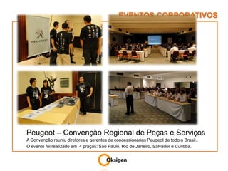 EVENTOS CORPORATIVOSPeugeot – Convenção Regional de Peças e ServiçosA Convenção reuniu diretores e gerentes de concessionárias Peugeot de todo o Brasil..O evento foi realizado em  4 praças: São Paulo, Rio de Janeiro, Salvador e Curitiba. 