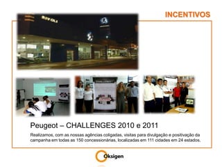INCENTIVOSPeugeot – CHALLENGES 2010 e 2011Realizamos, com as nossas agências coligadas, visitas para divulgação e positivação da campanha em todas as 150 concessionárias, localizadas em 111 cidades em 24 estados.
