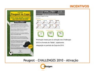 INCENTIVOSPromoção criada para os ativação dos Challenges 2010 no formato de “Bolão”, objetivando integração no período da Copa de 2010.Peugeot – CHALLENGES 2010 - Ativação