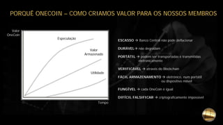 PORQUÊ ONECOIN – COMO CRIAMOS VALOR PARA OS NOSSOS MEMBROS
ESCASSO  Banco Central não pode deflacionar
DURÁVEL não degradam
PORTÁTIL  podem ser transportadas e transmitidas
eletronicamente
VERIFICÁVEL  através do Blockchain
FÁCIL ARMAZENAMENTO  eletrónico, num portátil
ou dispositivo móvel
FUNGÍVEL  cada OneCoin é igual
DIFÍCIL FALSIFICAR  criptograficamente impossível
Tempo
Valor
OneCoin
Valor
Armazenado
Utilidade
Especulação
 