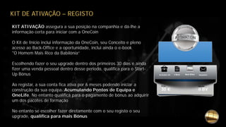 KIT DE ATIVAÇÃO – REGISTO
KIT ATIVAÇÃO assegura a sua posição na companhia e dá-lhe a
informação certa para iniciar com a OneCoin
O Kit de Início inclui informação da OneCoin, seu Conceito e pleno
acesso ao Back-Office e a oportunidade, inclui ainda o e-book
"O Homem Mais Rico da Babilónia“
Escolhendo fazer o seu upgrade dentro dos primeiros 30 dias e ainda
fizer uma venda pessoal dentro desse período, qualifica para o Start-
Up Bónus
Ao registar, a sua conta fica ativa por 6 meses podendo iniciar a
construção da sua equipa. Acumulando Pontos de Equipa e
OneLife. No entanto qualifica para o pagamento de bónus ao adquirir
um dos pacotes de formação
No entanto se escolher fazer diretamente com o seu registo o seu
upgrade, qualifica para mais Bónus
 