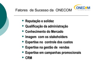 Fatores de Sucesso da ONECOM
 Reputação e solidezReputação e solidez
 Qualificação da administraçãoQualificação da administração
 Conhecimento do MercadoConhecimento do Mercado
 Imagem com os stakeholdersImagem com os stakeholders
 Expertise no controle dos custosExpertise no controle dos custos
 Expertise na gestão de vendasExpertise na gestão de vendas
 Expertise em campanhas promocionaisExpertise em campanhas promocionais
 CRMCRM
 