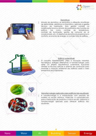 FÁCIL AMPLIAÇÃO EM ALTURA E LARGURA
 Todos os edifícios construídos com OpenBUILDING, podem ser
expandidos facilmente, tanto em altura como em largura, em
qualquer momento de sua vida. A ampliação de um edifício
não afeta de forma alguma a qualidade, a estrutura ou a
solidez do edifício.
Construção Tradicional VS OpenBuilding
205 TONELADAS Apenas 4 % USO DE CIMENTO
 Em comparação com a construção tradicional (205
toneladas), OpenBuilding utiliza apenas 4 % de cimento.
VS
CAPACIDADE DE PRODUÇÃO
 Nossa capacidade de construção começa desde 20.000 m2
por ano se são edifícios com 3 - 8 alturas, e desde 40.000 m2
de construção por ano, se são edifícios de piso térreo e
primeiro andar.
Construção Tradicional –VS- OpenBuilding
60 contentores de 5 Ton. Apenas 5 % GERAÇÃO DE RESÍDUOS
 Em comparação com a construção tradicional (60
contentores de 5 Ton.), OpenBuilding apenas gera 5 %
resíduos de construção.
 