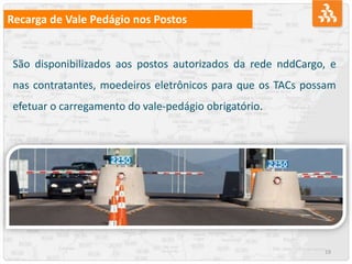 19
Recarga de Vale Pedágio nos Postos
São disponibilizados aos postos autorizados da rede nddCargo, e
nas contratantes, moedeiros eletrônicos para que os TACs possam
efetuar o carregamento do vale-pedágio obrigatório.
 