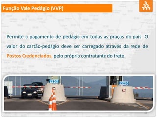 32
Função Vale Pedágio (VVP)
Permite o pagamento de pedágio em todas as praças do país. O
valor do cartão-pedágio deve ser carregado através da rede de
Postos Credenciados, pelo próprio contratante do frete.
 