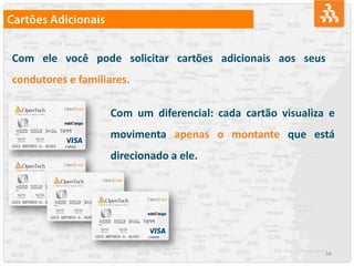 34
Com ele você pode solicitar cartões adicionais aos seus
condutores e familiares.
Com um diferencial: cada cartão visualiza e
movimenta apenas o montante que está
direcionado a ele.
 