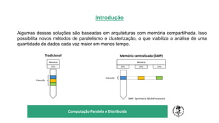 Introdução
Algumas dessas soluções são baseadas em arquiteturas com memória compartilhada. Isso
possibilita novos métodos de paralelismo e clusterização, o que viabiliza a análise de uma
quantidade de dados cada vez maior em menos tempo.
TÍTULO DO SEU SEMINÁRIO
Subtítulo
Memória
CPU
Tradicional
Execução
Memória
CPU
Memória centralizada (SMP)
CPUCPU
SMP- Symmetric MultiProcessors
Computação Paralela e Distribuída
Execução
 