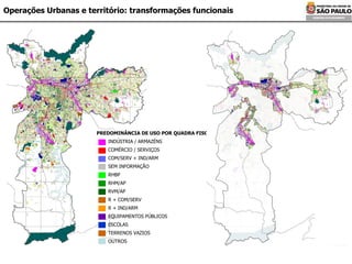 Operações Urbanas e território: transformações funcionais SEM INFORMAÇÃO INDÚSTRIA / ARMAZÉNS COMÉRCIO / SERVIÇOS COM/SERV + IND/ARM RHBP RHM/AP RVM/AP R + COM/SERV R + IND/ARM EQUIPAMENTOS PÚBLICOS ESCOLAS TERRENOS VAZIOS PREDOMINÂNCIA DE USO POR QUADRA FISCAL OUTROS 