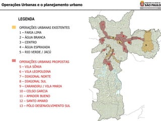 Operações Urbanas e o planejamento urbano LEGENDA OPERAÇÕES URBANAS EXISTENTES 1 – FARIA LIMA 2 – ÁGUA BRANCA 3 – CENTRO 4 – ÁGUA ESPRAIADA 5 – RIO VERDE / JACÚ OPERAÇÕES URBANAS PROPOSTAS 5 – VILA SÔNIA 6 – VILA LEOPOLDINA 7 – DIAGONAL NORTE 8 – DIAGONAL SUL 9 – CARANDIRU / VILA MARIA 10 – CELSO GARCIA 11 – AMADOR BUENO 12 – SANTO AMARO 13 – PÓLO DESENVOLVIMENTO SUL 1 2 3 4 5 6 7 8 9 10 11 5 12 13 