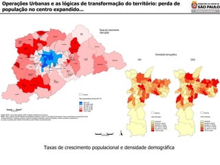 Operações Urbanas e as lógicas de transformação do território: perda de população no centro expandido... Taxas de crescimento populacional e densidade demográfica 