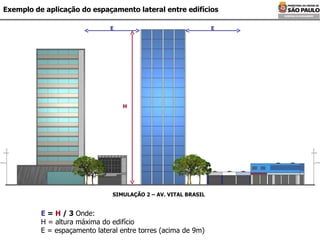 H E E SIMULAÇÃO 2 – AV. VITAL BRASIL E  =  H  / 3  Onde: H = altura máxima do edifício E = espaçamento lateral entre torres (acima de 9m) Exemplo de aplicação do espaçamento lateral entre edifícios  