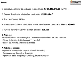 Resumo 1. Estimativa preliminar de custo das obras públicas:  R$ 96.112.247,69  (jun/04) 2. Estoque de potencial adicional de construção:  1.356.000 m² 3. Área total (bruta):  673ha 4. Estimativa de obtenção de recursos através da emissão de CEPAC:  R$ 206.551.000,00   5. Número máximo de CEPAC’s a serem emitidos:  206.551 6. Avanços: Plano-Referência de Intervenção e Ordenamento Urbanístico (PRIOU) concluído Minuta de Projeto de lei elaborada (1ª versão) Estudo de Impacto Ambiental elaborado 7. Próximos passos : Aprovação do Estudo de Impacto Ambiental (CADES) Aprimoramento do modelo de gestão Aprovação da lei da operação urbana (Câmara Municipal) 