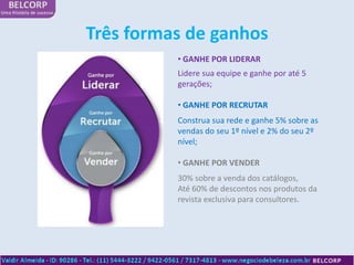 Três formas de ganhos
          • GANHE POR LIDERAR
          Lidere sua equipe e ganhe por até 5
          gerações;

          • GANHE POR RECRUTAR
          Construa sua rede e ganhe 5% sobre as
          vendas do seu 1º nível e 2% do seu 2º
          nível;

          • GANHE POR VENDER
          30% sobre a venda dos catálogos,
          Até 60% de descontos nos produtos da
          revista exclusiva para consultores.
 