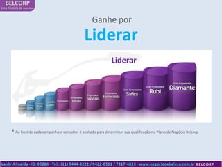 Ganhe por
                                           Liderar
                                                           Liderar




* Ao final de cada campanha o consultor é avaliado para determinar sua qualificação no Plano de Negócio Belcorp
 