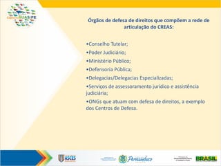 Órgãos de defesa de direitos que compõem a rede de
articulação do CREAS:
•Conselho Tutelar;
•Poder Judiciário;
•Ministério Público;
•Defensoria Pública;
•Delegacias/Delegacias Especializadas;
•Serviços de assessoramento jurídico e assistência
judiciária;
•ONGs que atuam com defesa de direitos, a exemplo
dos Centros de Defesa.
 