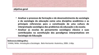 objetivo geral
• Analisar o processo de formação e de desenvolvimento da sociologia
e da sociologia da educação como uma disciplina acadêmica e as
principais referencias para a constituição de uma cultura de
interpretação sociológica dos problemas da educação e da escola;
• Analisar as escolas do pensamento sociológico clássico e suas
contribuições na constituição dos paradigmas interpretativos em
Sociologia da Educação
Referencia bibliográfica:
VIANA, Nildo. Introdução a Sociologia . Belo Horizonte: Autentica, 2006 .1-66p.
 