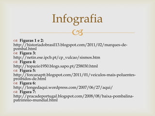 Infografia
                       
 Figuras 1 e 2:
http://historiadobrasil13.blogspot.com/2011/02/marques-de-
pombal.html
 Figura 3:
http://netin.ese.ipcb.pt/cp_vulcao/sismos.htm
 Figura 4:
http://topazio1950.blogs.sapo.pt/258030.html
 Figura 5:
http://forcanaptt.blogspot.com/2011/01/veiculos-mais-poluentes-
proibidos-de.html
 Figura 6:
http://longedaqui.wordpress.com/2007/06/27/aqui/
 Figura 7:
http://pracadeportugal.blogspot.com/2008/08/baixa-pombalina-
patrimnio-mundial.html
 