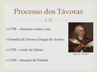 Processo dos Távoras
              
 1758 – Atentado contra o rei;


 Família de Távora e Duque de Aveiro;


 1759 – conde de Oeiras;
                                         Figura 4 – D. José I


 1769 – marquês de Pombal.
 