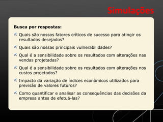 Busca por respostas:
Quais são nossos fatores críticos de sucesso para atingir os
resultados desejados?
Quais são nossas principais vulnerabilidades?
Qual é a sensibilidade sobre os resultados com alterações nas
vendas projetadas?
Qual é a sensibilidade sobre os resultados com alterações nos
custos projetados?
Impacto da variação de índices econômicos utilizados para
previsão de valores futuros?
Como quantificar e analisar as consequências das decisões da
empresa antes de efetuá-las?
Simulações
 