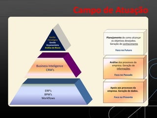 Campo de Atuação
Gestão
Estratégica
Gestão
Orçamentária
Análise de Riscos
Business Inteligence
CRM’s
ERP’s
BPM’s
Workflows
Apoio aos processos da
empresa. Geração de dados.
Foco no Presente
Análise dos processos da
empresa. Geração de
informações.
Foco no Passado
Planejamento de como alcançar
os objetivos desejados.
Geração de conhecimento
Foco no Futuro
 