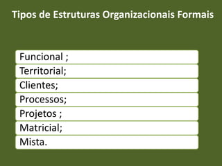 Tipos de Estruturas Organizacionais Formais
Funcional ;
Territorial;
Clientes;
Processos;
Projetos ;
Matricial;
Mista.
 