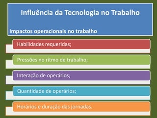 Influência da Tecnologia no Trabalho
Impactos operacionais no trabalho
Habilidades requeridas;
Pressões no ritmo de trabalho;
Interação de operários;
Quantidade de operários;
Horários e duração das jornadas.
 