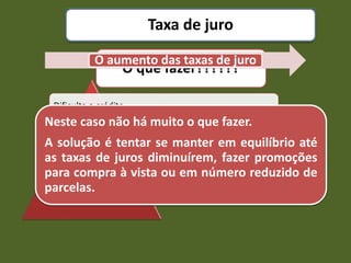 Taxa de juro
O que fazer??????
O aumento das taxas de juro
Dificulta o crédito
Inviabilizando o investimento das empresas
Inibe o consumo
Inibe o crescimento do país
Neste caso não há muito o que fazer.
A solução é tentar se manter em equilíbrio até
as taxas de juros diminuírem, fazer promoções
para compra à vista ou em número reduzido de
parcelas.
 
