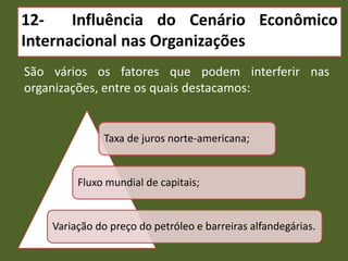 12- Influência do Cenário Econômico
Internacional nas Organizações
São vários os fatores que podem interferir nas
organizações, entre os quais destacamos:
Taxa de juros norte-americana;
Fluxo mundial de capitais;
Variação do preço do petróleo e barreiras alfandegárias.
 