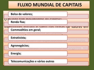 FLUXO MUNDIAL DE CAPITAIS
O mundo tem movimentos de capitais;
Investidores entram e saem das bolsas de valores em
todo o mundo, do Ocidente ao Oriente;
Esses capitais podem ser especulativos ou duradouros.
O Brasil pode receber investimentos estrangeiros nos
seguintes setores:
Bolsa de valores;
Renda fixa;
Commodities em geral;
Extrativista;
Agronegócios;
Energia;
Telecomunicações e vários outros
 