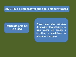 SIMETRO é o responsável principal pela certificação
Instituído pela Lei
nº 5.966
Prover uma infra estrutura
de serviços técnológicos, no
país, capaz de avaliar e
certificar a qualidade de
produtos e serviços
 