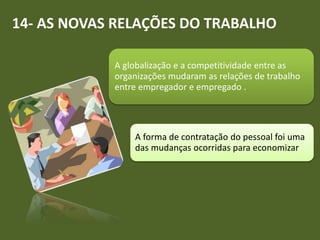 14- AS NOVAS RELAÇÕES DO TRABALHO
A globalização e a competitividade entre as
organizações mudaram as relações de trabalho
entre empregador e empregado .
A forma de contratação do pessoal foi uma
das mudanças ocorridas para economizar
 