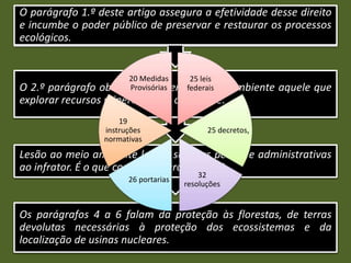 Os parágrafos 4 a 6 falam da proteção às florestas, de terras
devolutas necessárias à proteção dos ecossistemas e da
localização de usinas nucleares.
Lesão ao meio ambiente leva a sanções penais e administrativas
ao infrator. É o que consta do parágrafo 3.º.
O 2.º parágrafo obriga a recuperar o meio ambiente aquele que
explorar recursos minerais, caso o degrade.
O parágrafo 1.º deste artigo assegura a efetividade desse direito
e incumbe o poder público de preservar e restaurar os processos
ecológicos.
25 leis
federais
25 decretos,
32
resoluções
26 portarias
19
instruções
normativas
20 Medidas
Provisórias
 
