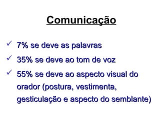 Comunicação
 7% se deve as palavras7% se deve as palavras
 35% se deve ao tom de voz35% se deve ao tom de voz
 55% se deve ao aspecto visual do55% se deve ao aspecto visual do
orador (postura, vestimenta,orador (postura, vestimenta,
gesticulação e aspecto do semblante)gesticulação e aspecto do semblante)
 