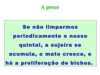 A prece
Se não limparmos
periodicamente o nosso
quintal, a sujeira se
acumula, o mato cresce, e
há a proliferação de bichos.
 