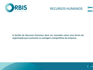 RECURSOS HUMANOS




A Gestão de Recursos Humanos deve ser encarada como uma forma de
organização para aumentar as vantagens competitivas da empresa.




                                                                   11
 