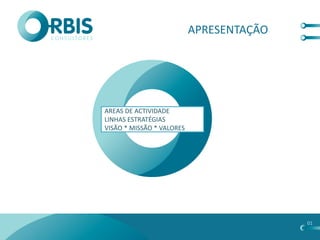 APRESENTAÇÃO




AREAS DE ACTIVIDADE
LINHAS ESTRATÉGIAS
VISÃO * MISSÃO * VALORES




                                          01
 