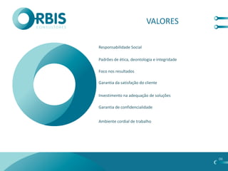 VALORES

Responsabilidade Social

Padrões de ética, deontologia e integridade

Foco nos resultados

Garantia da satisfação do cliente

Investimento na adequação de soluções

Garantia de confidencialidade


Ambiente cordial de trabalho




                                              06
 