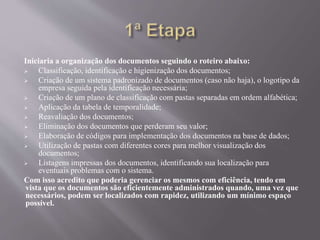 Iniciaria a organização dos documentos seguindo o roteiro abaixo:
 Classificação, identificação e higienização dos documentos;
 Criação de um sistema padronizado de documentos (caso não haja), o logotipo da
empresa seguida pela identificação necessária;
 Criação de um plano de classificação com pastas separadas em ordem alfabética;
 Aplicação da tabela de temporalidade;
 Reavaliação dos documentos;
 Eliminação dos documentos que perderam seu valor;
 Elaboração de códigos para implementação dos documentos na base de dados;
 Utilização de pastas com diferentes cores para melhor visualização dos
documentos;
 Listagens impressas dos documentos, identificando sua localização para
eventuais problemas com o sistema.
Com isso acredito que poderia gerenciar os mesmos com eficiência, tendo em
vista que os documentos são eficientemente administrados quando, uma vez que
necessários, podem ser localizados com rapidez, utilizando um mínimo espaço
possível.
 