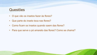 Questões
• O que vão os insetos fazer às flores?
• Que parte do inseto toca nas flores?
• Como ficam os insetos quando saem das flores?
• Para que serve o pó amarelo das flores? Como se chama?
 