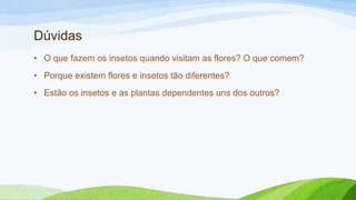 Dúvidas
• O que fazem os insetos quando visitam as flores? O que comem?
• Porque existem flores e insetos tão diferentes?
• Estão os insetos e as plantas dependentes uns dos outros?
 