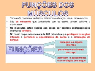 •   Todos nós corremos, saltamos, esticamos os braços, isto é, movemo-nos.
•   São os músculos que, juntamente com os ossos, tornam possível o
    movimento.
•   Os músculos estão ligados aos ossos por cordões esbranquiçados
    chamados tendões.
•   No nosso corpo existem mais de 600 músculos que protegem os órgãos
    internos e permitem o aquecimento do corpo e a circulação do
    sangue.
                                                protegem os órgãos
                                                      internos
                                             permitem o movimento
                                                    do corpo

                                             permitem o aquecimento
                                             e a circulação do sangue.
 